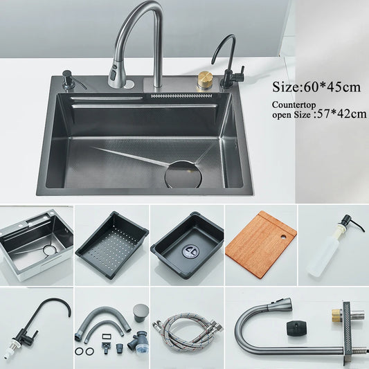 Stainless Steel Kitchen Sink: Large Single Bowl with Digital Faucet, Soap Dispenser & Cup Washer